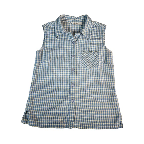 Arizona Jean Co. Tops - Arizona Jean Co Womens Medium Blue Yellow Plaid Sleeveless Cotton Button Shirt